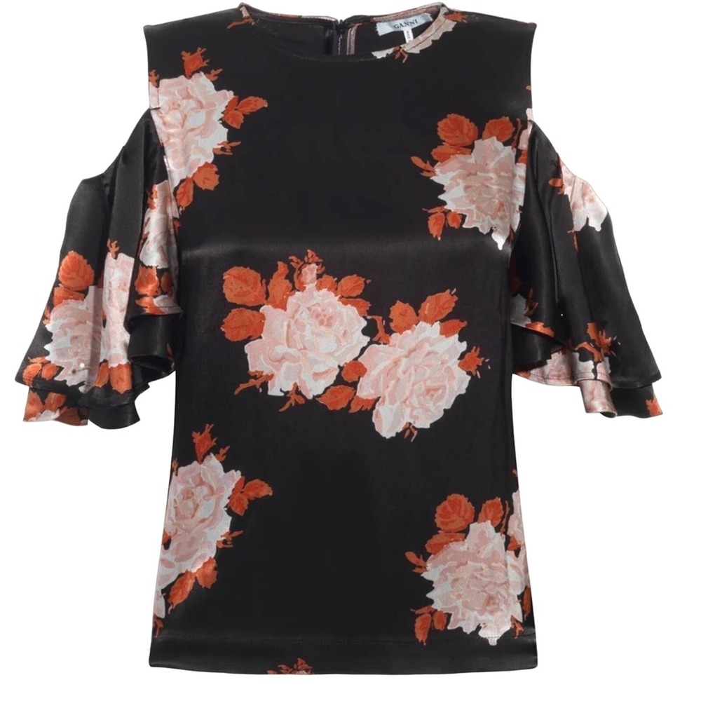 Ganni‎ Pation Satin Floral Cold Shoulder Ruffle Sleeve Blouse Black Pink Size 34 - Picture 6 of 11